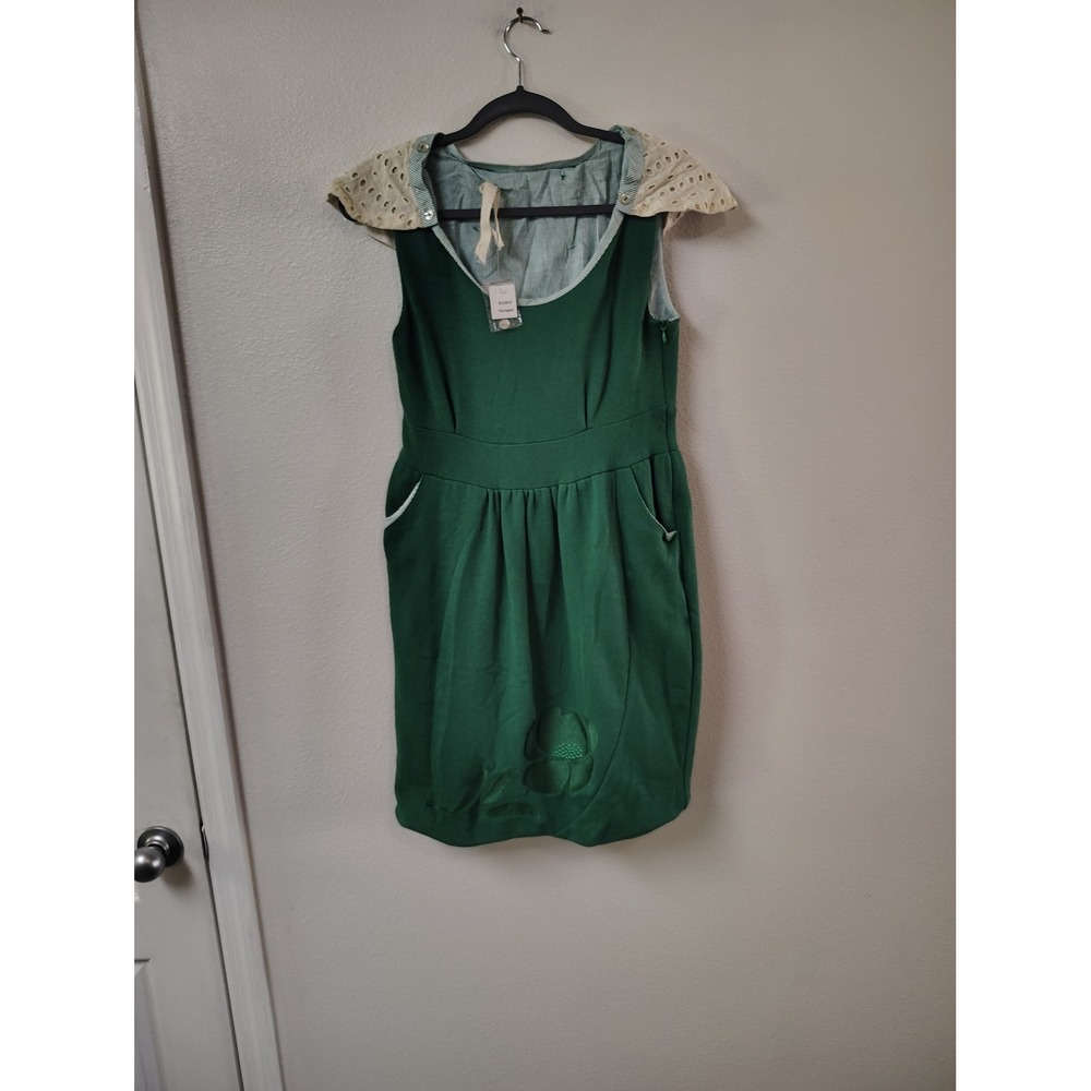 Knitted Dove Green Sleeveless Dress Eyelet‎ Lace Collar Floral Embroidery Small